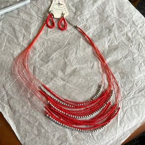 PRECIOUS red and silver bead multi strand necklace and earring set.